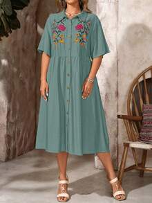 EMERY ROSE Plus Size Floral Print Button Front Casual Vacation Dress - Fresh Green - View 4
