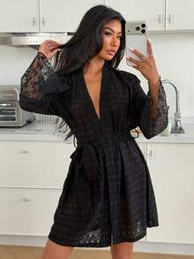 SHEIN Baju Tidur Wanita Desain Jacquard Patchwork Renda Tanpa Punggung Terbaru, Musim Semi/Panas - Hitam - View 3