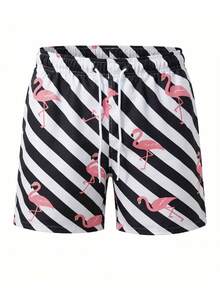 Manfinity Swimmode 男士条纹火烈鸟印花斜插口袋抽绳腰休闲沙滩短裤 - 彩色 - 查看 2