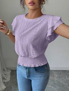 Selianne Kaos Polos Kasual untuk Liburan dengan Bordir Berongga dan Kerah Bulat - Mauve Purple - View 3