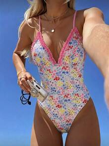 Swim Mod Women's 2026 Spring/Summer New Sweet Ditsy Floral Triangle Cup Ruched Flounce Backless Fitted One-Piece Swimsuit - Multicolor - View 3