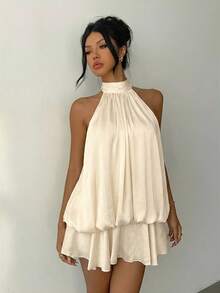 Aloruh Đầm ngắn cổ yếm màu vàng nhạt thanh lịch dành cho nữ - Màu be - Xem 7