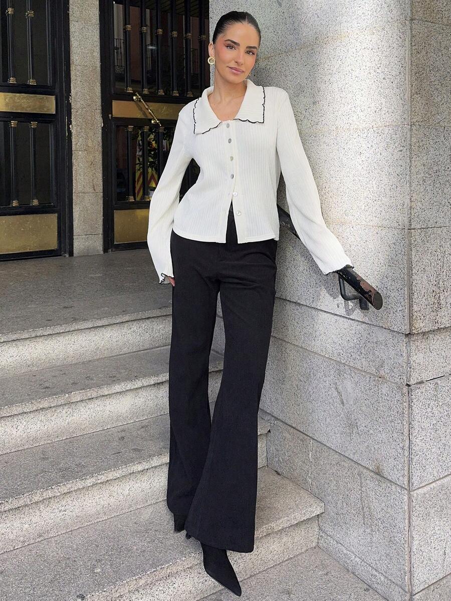 Marta Soriano 女式休闲长袖单排扣有领开衫，秋季 - 白色 - 查看 1