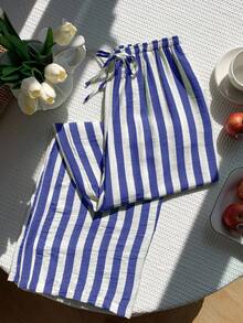 SHEIN EZwear 女士条纹抽绳腰带休闲百搭阔腿裤，适合日常穿着 - 藍白色 - 查看 4