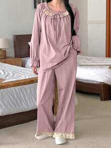 DAZY 2pcs Sweet Polka Dot Textured Fabric Contrast Ruffle Trim Petal Sleeve Women Pajama Set, Spring - Pink - View 7