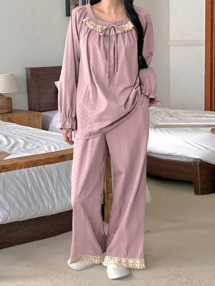 2pcs Sweet Polka Dot Textured Fabric Contrast Ruffle Trim Petal Sleeve Women Pajama Set, Spring