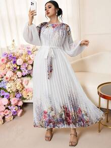 Modelyn Robe plissée à imprimé floral élégante pour grande taille, idéale pour le travail - Parme - Voir 4