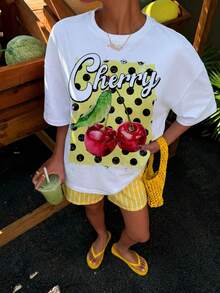 Muchica 超大款奶油黄波点樱桃印花字母图案圆领短袖宽松T恤，适合度假、假日、派对、音乐节、比赛、夏季新品、度假装扮 - 白色 - 查看 5