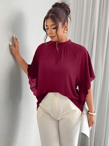 Elenzga Plus Size Women's Round Neck Ruched Sleeve Wavy Hem Loose Blouse, Spring/Summer - Burgundy - View 5