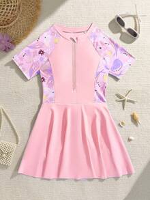 SHEIN 少女夏季休闲碎花连体泳衣 - 淺粉色 - 查看 8