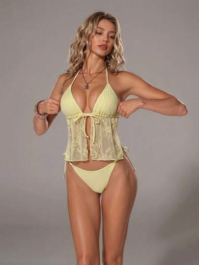 Bellisia 2026 Women's Spring/Summer Sexy Beach Vacation Sweet Cute Lace Fabric Tankini Set, Featuring Bowknot Decor On Front, Spaghetti Strap Halter Neck Tank Top, Suitable For Vacation, Beach, Afternoon Tea Picnic, Party