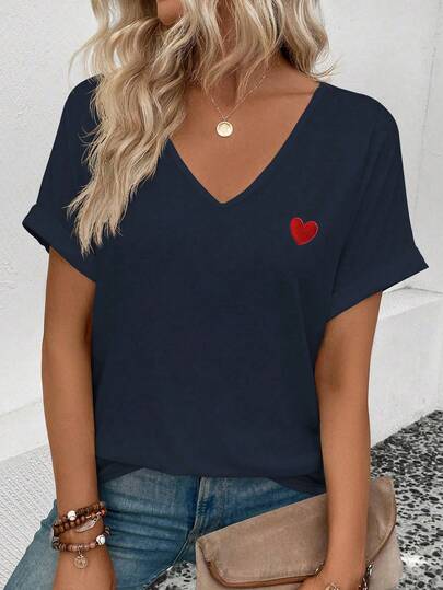 Selamara Women's New Fashion Heart Print V-Neck T-Shirt