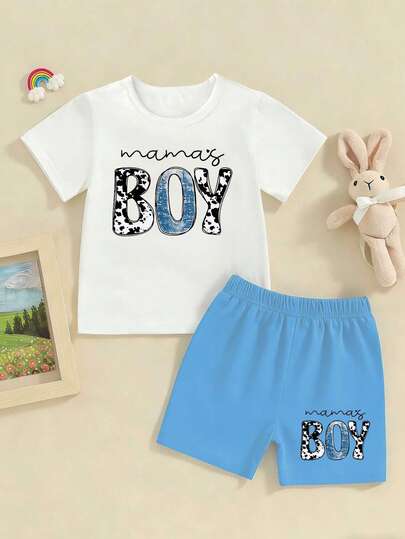 2pcs/Set Toddler Boys' Casual Dot & Letter Print Short Sleeve T-Shirt And Shorts Outfit, Comfortable Daily Wear For Spring, Summer