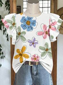 EMERY ROSE Casual Romantic Floral Print Plus Size Women Shirt, Suitable For Summer, Vacation - Multicolor - View 3