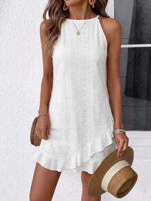 SHEIN Đầm cổ yếm màu trơn, kiểu dáng thường ngày, có bèo nhún, thích hợp cho kỳ nghỉ. - trắng - Xem 4