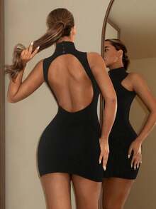 SHEIN ICON Sexy Minimalist Mock Neck Backless Mini Dress - Black - View 1