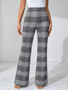 SHEIN Clasi Women's Casual Commuter High Waist Plaid Flare Pants, Autumn  Black, White, And Gray Plaid Stretch Slim-Fit Trousers, Leggings, Yoga Pants, Classic Slim-Fit Trousers For Commuting And Going Out, Made Of High-Elastic Fabric, High-Waisted, Tummy-Control, Basic Slim-Fit - Grey - View 5