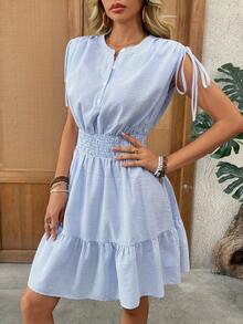 EMERY ROSE 女士条纹褶皱扭结前襟休闲派对迷你连衣裙 - 藍白色 - 查看 4