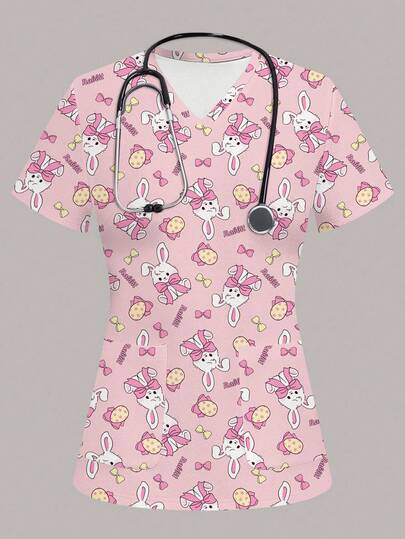 PopScrub Women's Cartoon Print Short Sleeve Scrub Uniform Top Summer For Women Easter Pink Top Graphic Tee