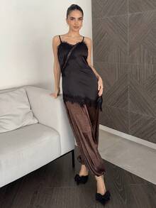 Marta Soriano 女士性感蕾丝吊带背心，缎面扭结不对称下摆露脐上衣，百搭叠穿单品 - 黑色 - 查看 5