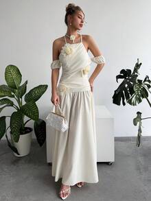 RiviMae Women's Elegant Spring New Dress, 3D Floral, Pleated Asymmetric Dress, 3D Floral, Suitable For Dates, Spring Outings, Commuting - Apricot - View 6
