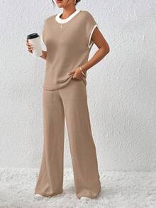 EMERY ROSE Women's Contrast Color Loose Casual Drawstring Knit 2 Pieces Set - Camel - View 3