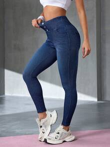 Flexra Denim Stretch Minimalista de Cor Sólida para o Dia a Dia das Mulheres - Azul - Visão 6