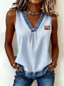 EMERY ROSE Women's Vertical Striped V-Neck Casual Versatile Tank Top - Blue - View 3