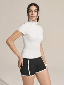 Exploreva Women's Solid Color Mandarin Collar Short Sleeve Top, Contrast Trim Fitted Shorts Outdoor Suit Women's Sportswear Women's Running Wear - Black and White - View 5