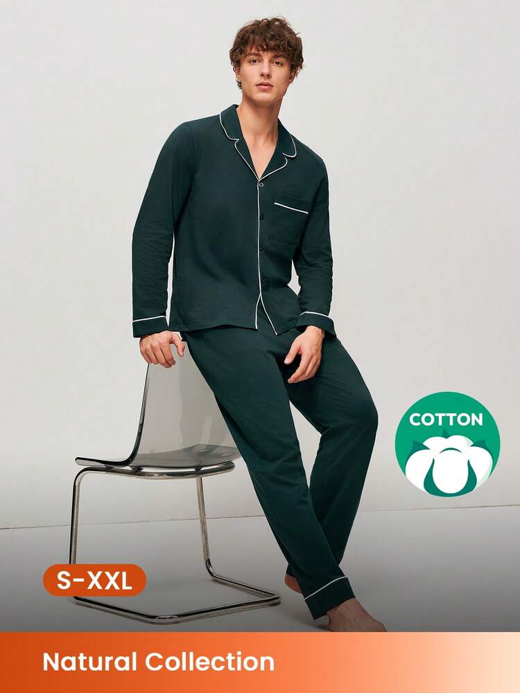 Ensemble de pyjama en coton 100% pur doux, vert foncé, avec Top à boutons et pantalon pour hommes. Ensemble de détente pour hommes avec pantalon à poches.