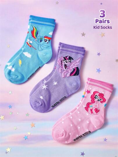 My Little Pony X SHEIN 3 pares de calcetines de media caña para niñas, de algodón suave y transpirable, que absorben la humedad, con diseños de dibujos animados en colores de caramelo, con refuerzo en los dedos y el talón para mayor durabilidad, aptos para todas las estaciones y ocasiones, con diseños de Twilight Sparkle, Pinkie Pie y Rainbow Dash