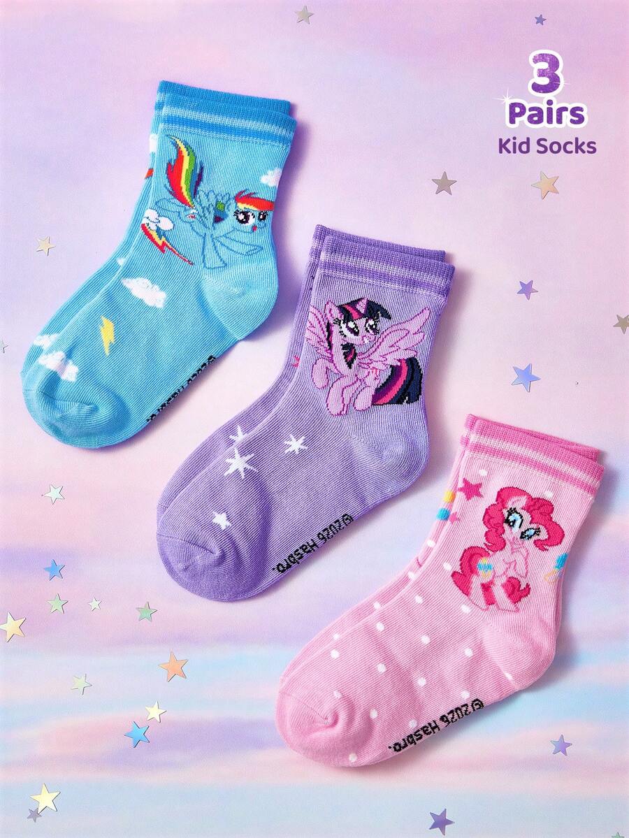 My Little Pony X SHEIN 3双装纯棉柔软透气吸湿儿童中筒袜，糖果色可爱卡通图案，加固趾跟，经久耐穿，四季皆宜，适合学校和户外活动，夏季冬季均可穿着，图案包含暮光闪闪、碧琪和云宝黛西。 - 彩色 - 查看 1