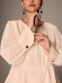 Juhart 大码女式常规秋冬简约时尚褶皱长袖收腰衬衫和直筒裤两件套，米色 - 米色 - 查看 6