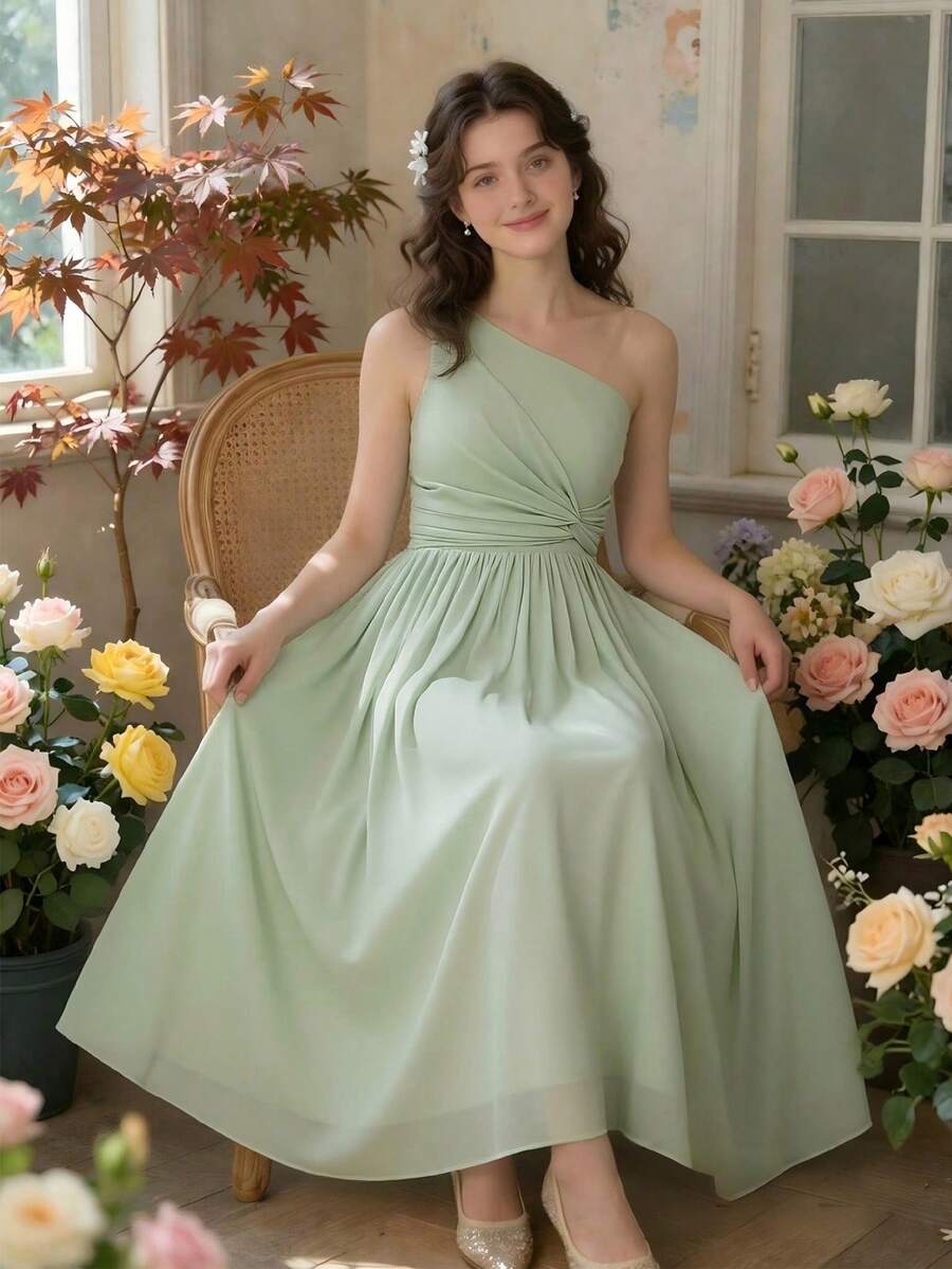 青少年女孩鼠尾草綠伴娘禮服,優雅夏季婚禮賓客單肩抓皺飄逸長款派對洋裝,純色時尚洋裝 - 綠色 - 查看 1