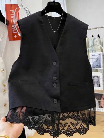 Elenzga Women's Spring/Summer New Elegant Commuting Versatile Minimalist Luxury Business Casual Black Blazer With Lace Patchwork, Loose Fit