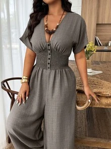 SHEIN LUNE Plus Size Women's Shirred Batwing Sleeve Jumpsuit With Buckle Waist Closure, Casual - Army Green - View 7