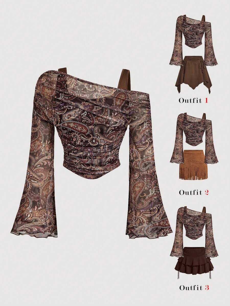 SHEIN MOD 女士佩斯利印花不对称领长袖T恤 - 棕色 - 查看 1