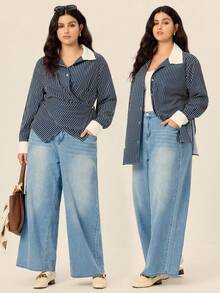 Juhart 大码女式优雅通勤蓝色条纹拼布白领单排扣长袖修身衬衫，春/秋 - 彩色 - 查看 1