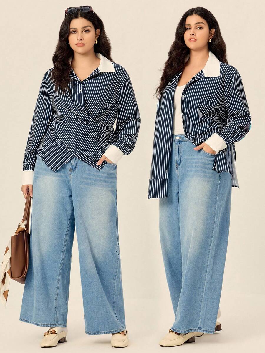 Juhart 大码女式优雅通勤蓝色条纹拼布白领单排扣长袖修身衬衫，春/秋 - 彩色 - 查看 1