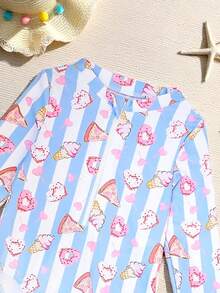 女婴条纹卡通食物印花长袖连体泳衣，适合夏季度假和海滩穿着 - 彩色 - 查看 4