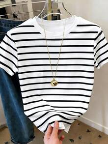 Resyla Women's Short Sleeve T-Shirt With Round Neck And Striped Print, Suitable For Summer Holidays And Everyday Wear - 多色 14 - 查看 3