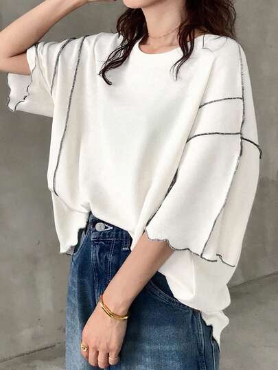 FRIFUL 女士休闲宽松撞色条纹圆领落肩上衣，百搭沙滩装