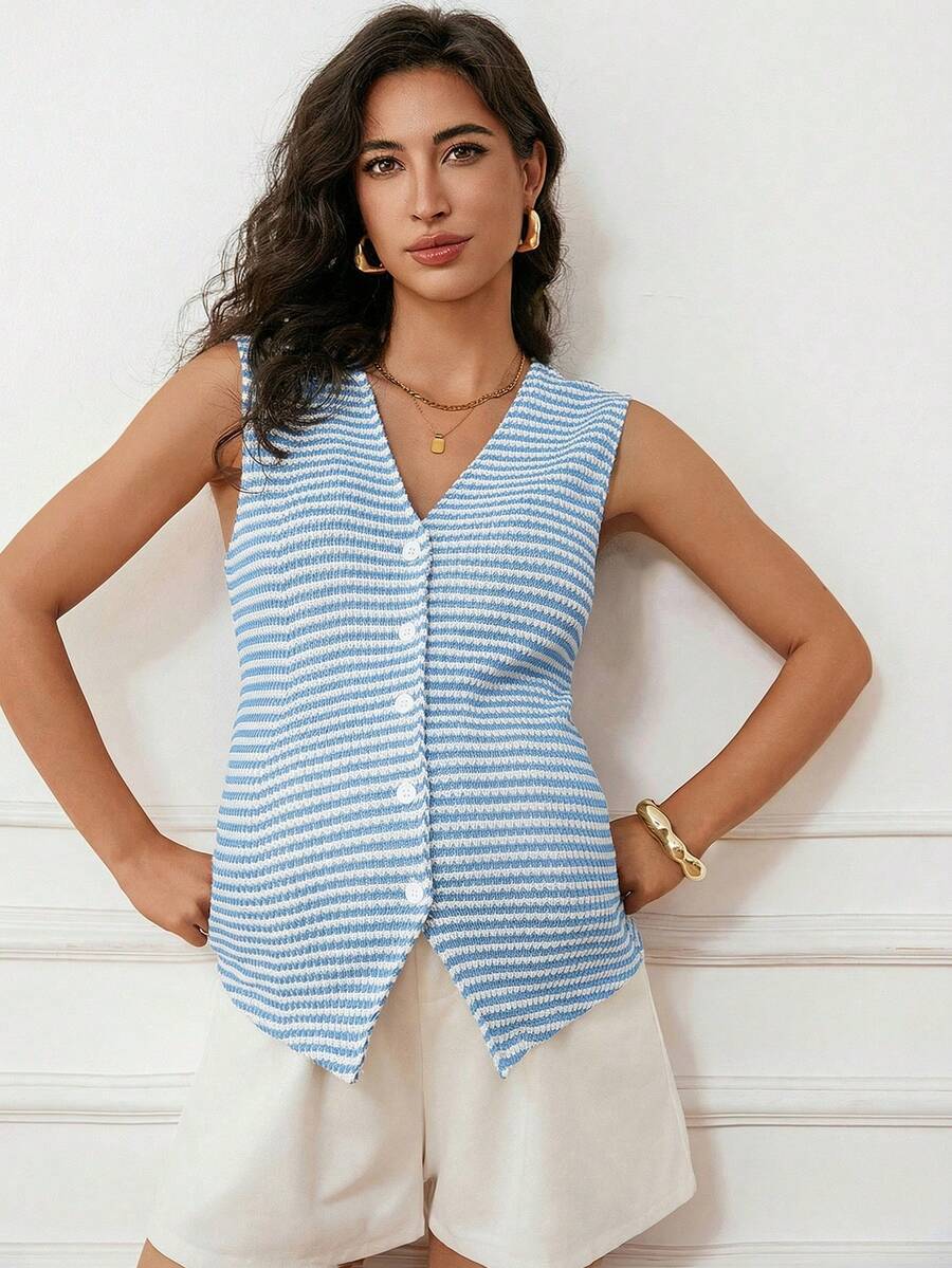 SHEIN MaterniWear Áo tank top bầu cổ chữ V cài một hàng khuy, kiểu dáng thường ngày, kẻ sọc - Màu xanh nhạt - Xem 1