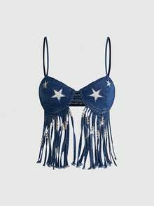 ROMWE Grunge Punk Áo hai dây denim kiểu dáng retro Y2K lấy cảm hứng từ lễ hội âm nhạc Fringe Star Patch. - Màu xanh lam - Xem 1