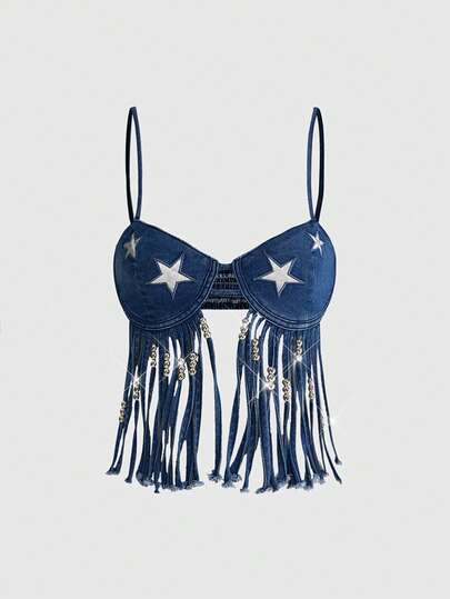 ROMWE Grunge Punk Y2K复古音乐节流苏星星贴片牛仔吊带背心