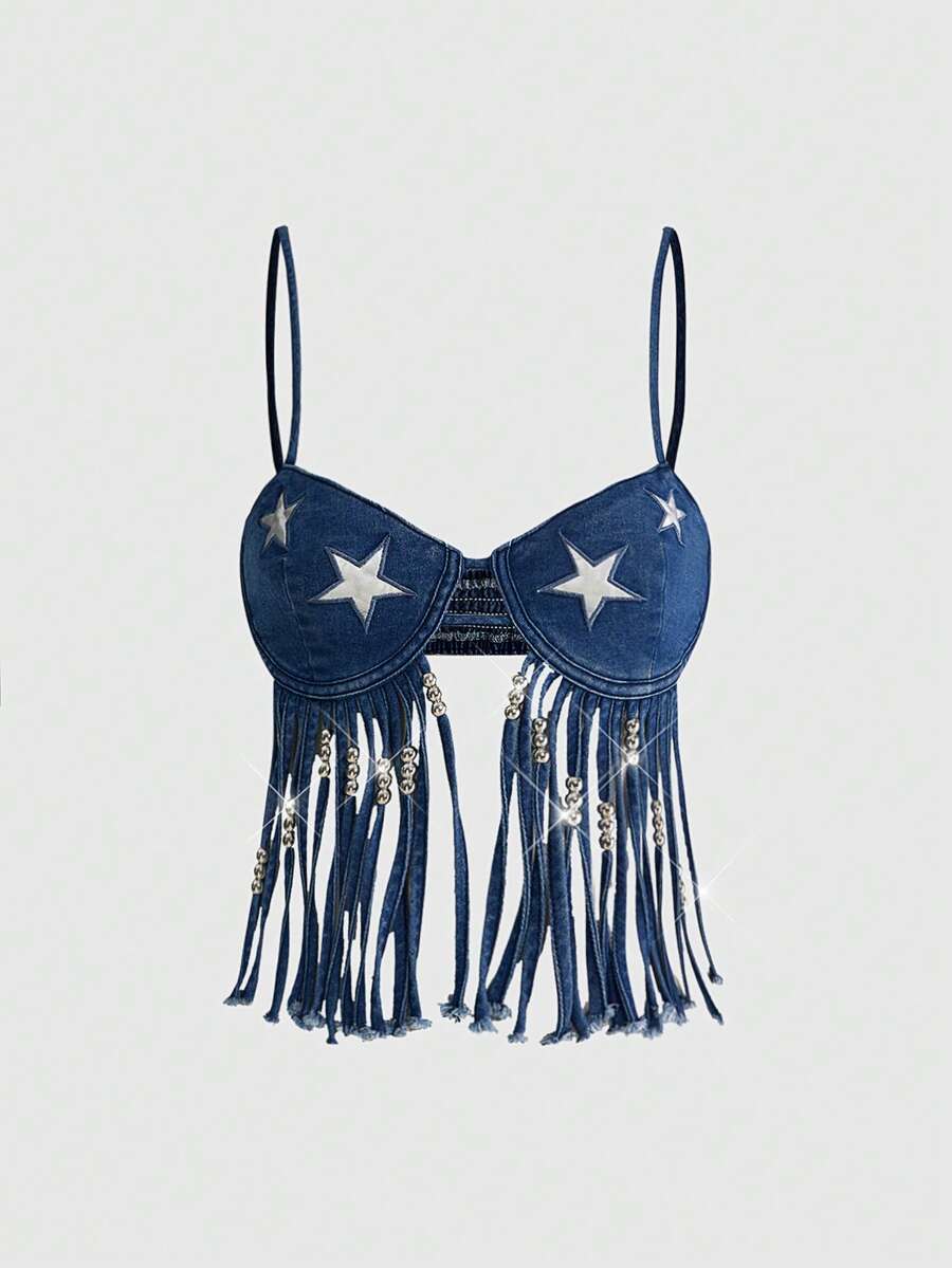 ROMWE Grunge Punk Áo hai dây denim kiểu dáng retro Y2K lấy cảm hứng từ lễ hội âm nhạc Fringe Star Patch. - Màu xanh lam - Xem 1