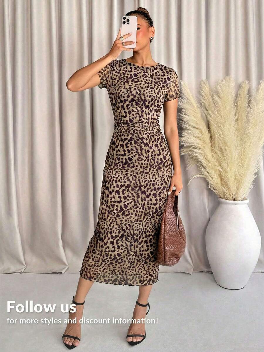 Lavishia 女士优雅豹纹短袖中长连衣裙，春夏款 - 彩色 - 查看 1