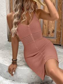 SHEIN LUNE Women's Solid Color Button Elegant Knitted Camisole Dress, Suitable For Beach Music Festival - Coral Pink - View 7