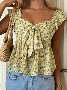 CovetEZ Women's Bohemian Style Yellow Floral Print Woven Summer Shirt, Fashionable Choice For Spring And Summer,Summer Top - Light Yellow - View 4