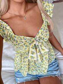 CovetEZ Women's Bohemian Style Yellow Floral Print Woven Summer Shirt, Fashionable Choice For Spring And Summer,Summer Top - Light Yellow - View 5